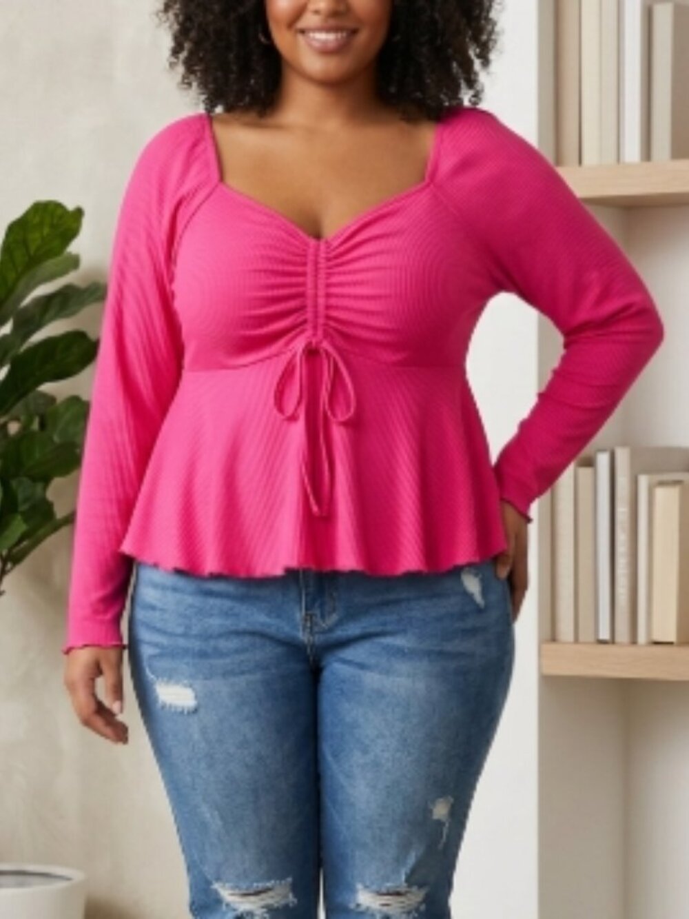 Shein Curve Hot Pink Ribbed Peplum Top Blouse Plus 3XL Coquette Cottagecore